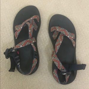Red, blue, and white chacos
